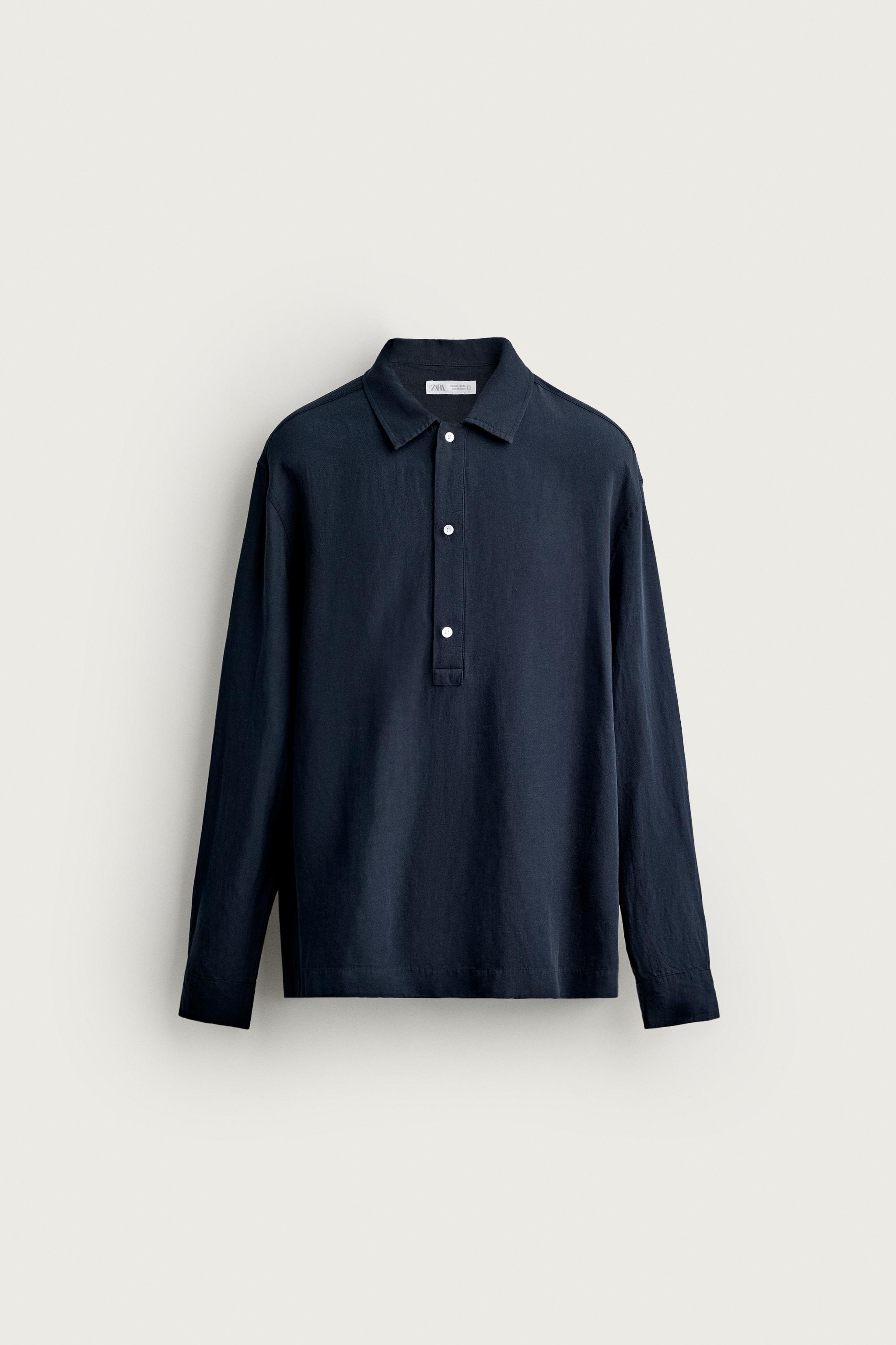 REGULAR FIT VISCOSE-LINEN POLO SHIRT — Navy blue