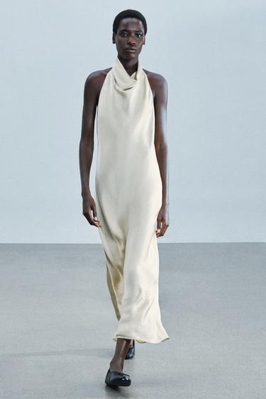 „ZW COLLECTION“ SATININĖ „HALTER“ MIDI SUKNELĖ – Nebalintos drobės spalva – „Zara“