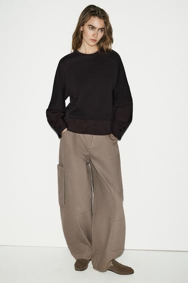Zara COMBINATION POPLIN T-SHIRT - Chocolate brown