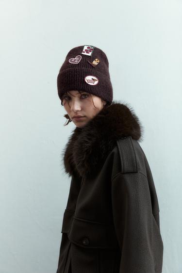 KNIT BEANIE WITH PATCHES - Brown by Zara