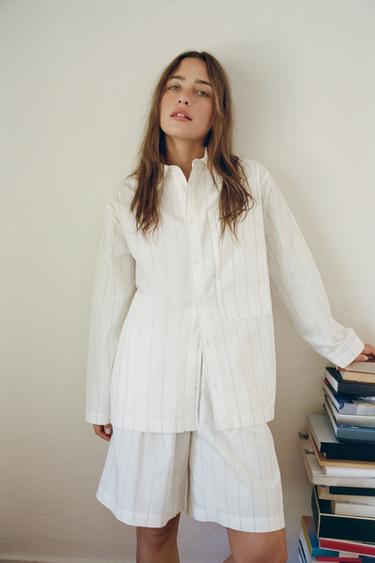 Zara STRIPED PAJAMA SHIRT - Ecru / Beige