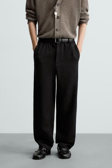 Zara TEXTURED REGULAR FIT PANTS - Black