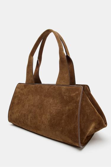 LEATHER SPLIT SUEDE DOUBLE HANDLE BAG - Cognac Brown by Zara - Image 4