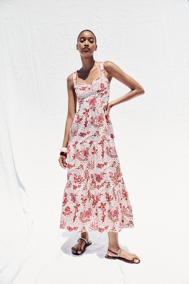 PRINTED MIDI DRESS WITH CUT OUT DETAIL - Pink / White by Zara