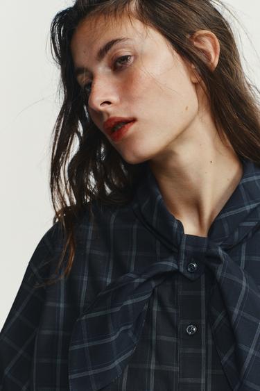 CHEMISE EN POPELINE À CARREAUX AVEC FOULARD - Bleu / Bleu marine de Zara - Image 2