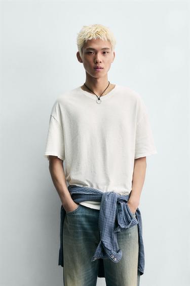 COTTON - HEMP V-NECK T-SHIRT - White by Zara