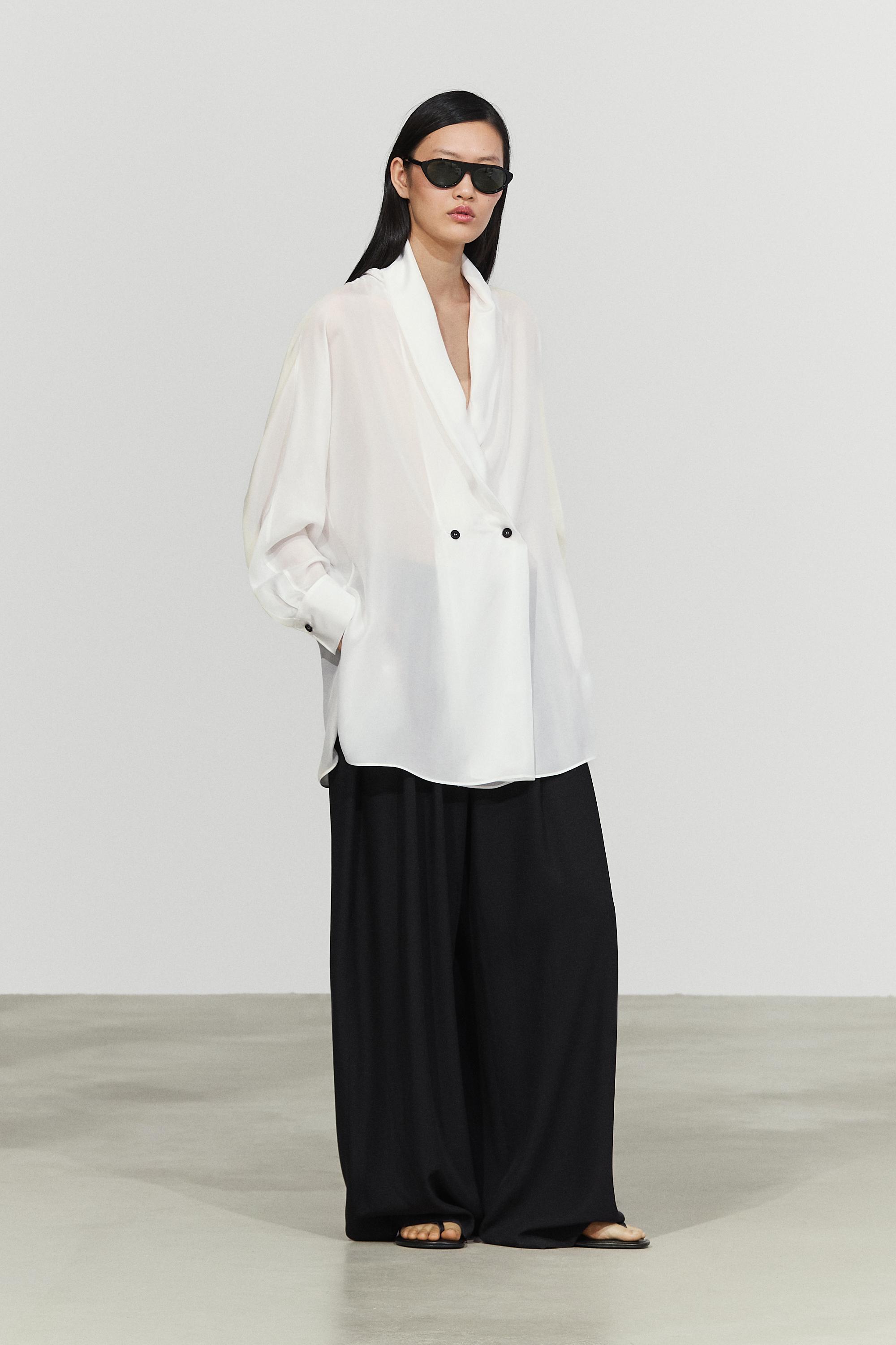 Flowing 100% silk tuxedo-style kimono — Oyster-white