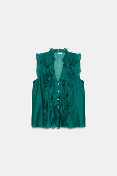 FLOWING RUFFLED TOP - Mid-green by Zara