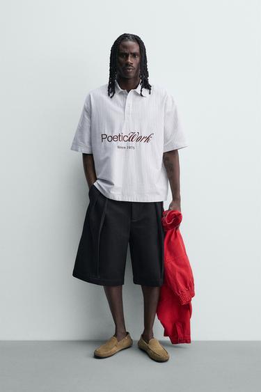 Zara PRINTED TEXT BOXY FIT POLO SHIRT - striped - Image 0