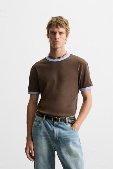 BASIC CONTRAST RIB T-SHIRT - Brown by Zara