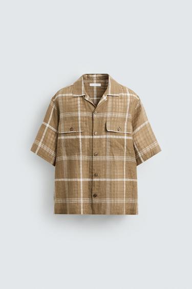 CHECKED LINEN/COTTON SHIRT - Brown by Zara