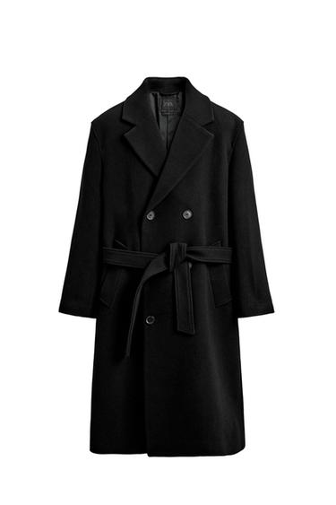 Zara Siyah - YÜN KARIŞIMLI KUŞAKLI KRUVAZE KABAN