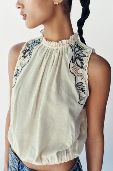 Zara COMBINATION EMBROIDERED PUFF TOP - Ecru