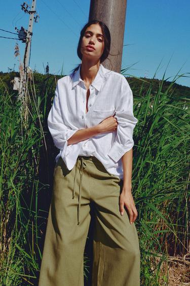 LINEN BLEND WIDE-LEG TROUSERS WITH BELT - Olive green by Zara
