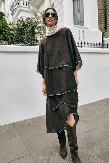 VESTIDO MIDI VOLANTES - Marrón de Zara - Imagen 0
