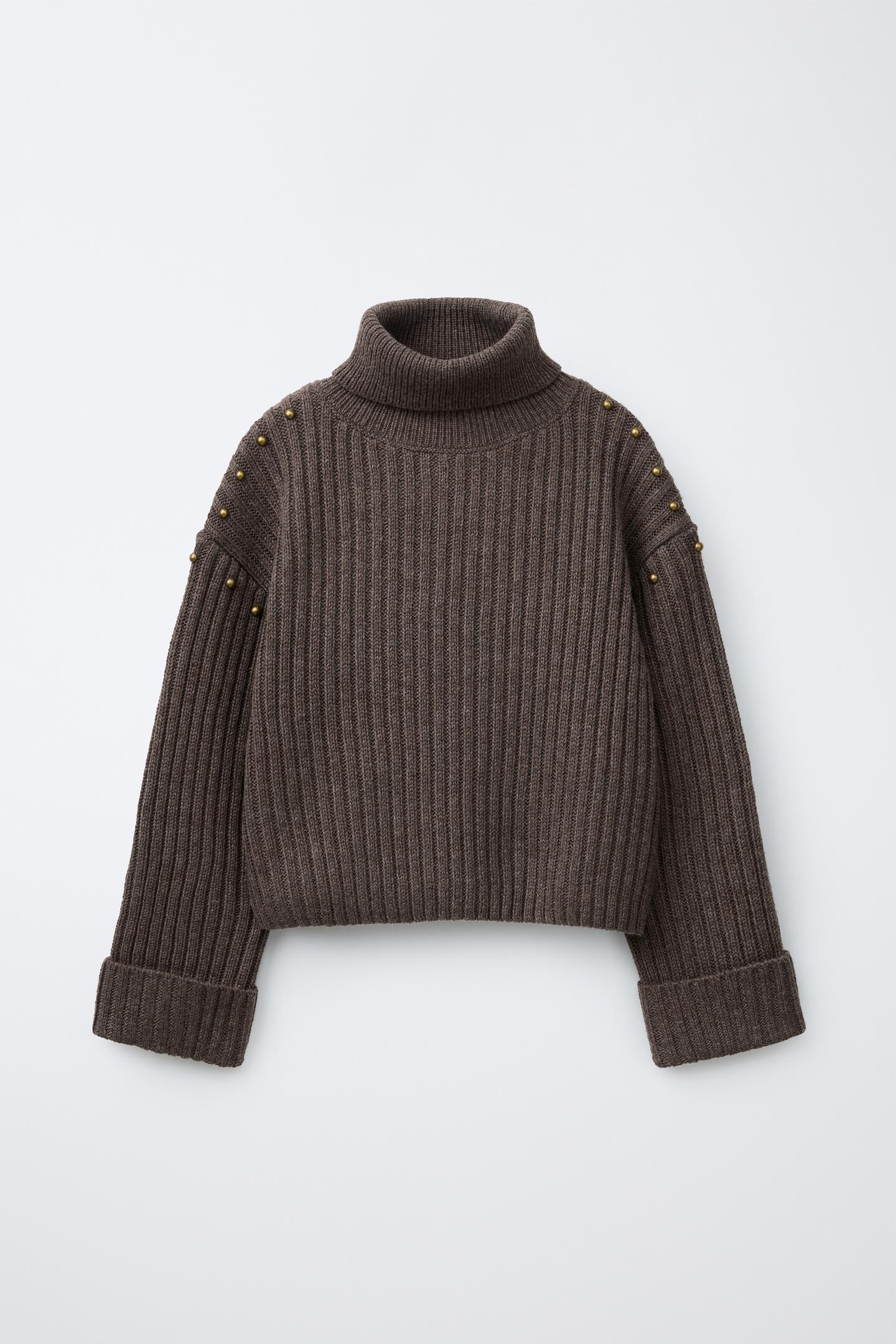 Детский свитер Zara Wool-Blend Studded Turtleneck, цвет: Коричневый — фото 1