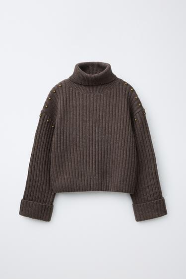 WOOL-BLEND STUDDED TURTLENECK JUMPER — Brown 2