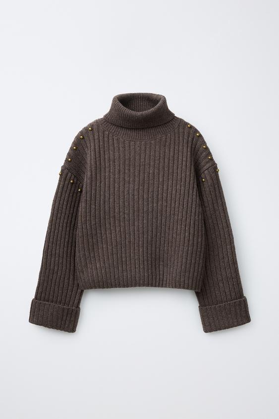 STUDDED WOOL BLEND TURTLENECK JUMPER - Brown de Zara - Imagen 0