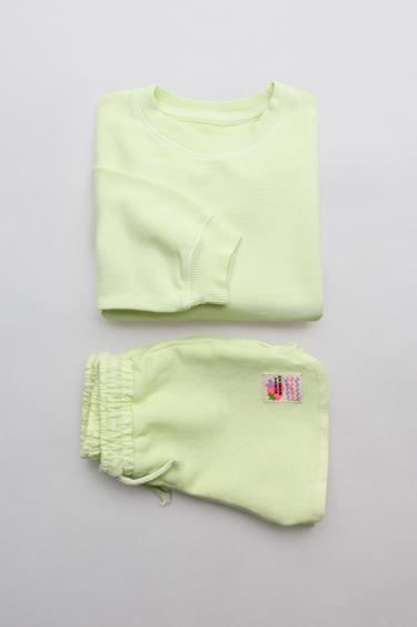 Zara PLAIN SWEATSHIRT AND BERMUDA SET WITH LABEL - Light lime green
