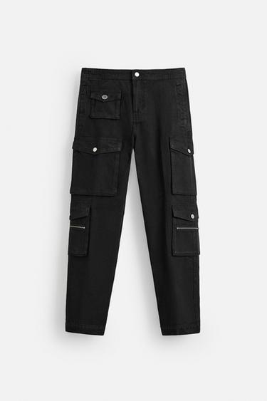 PANTALÓN DENIM CARGO BOLSILLOS - Negro de Zara