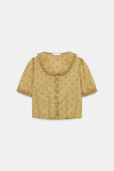 CAMISA CUELLO BOBO BORDADOS - Mostaza de Zara