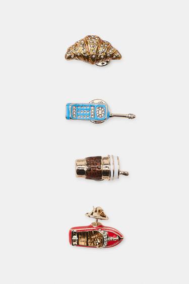 PACK OF 4 TELEPHONE, BOAT, FLASK AND CROISSANT PINS - Golden by Zara