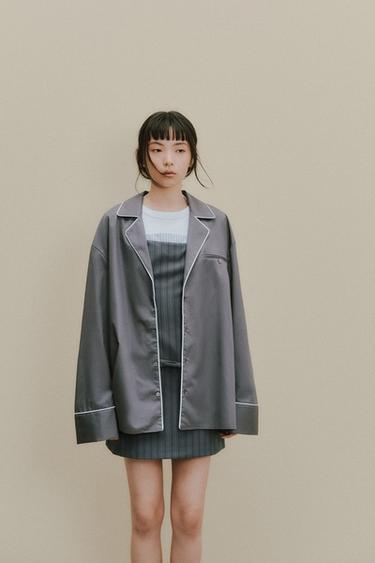 ウェルトディテール入りポプリンシャツウォッシュ群青色Zaraのウェルトディテール入りポプリンシャツ - ウォッシュ群青色