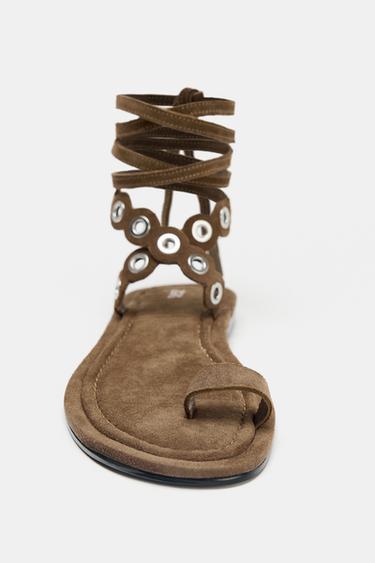 LEATHER SANDALS WITH METAL EYELETS - Brown by Zara - Image 4