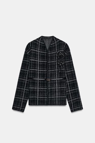 CHECK KNIT CARDIGAN WITH BELT - Grey by Zara