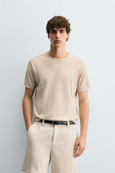 Zara KNIT LINEN-COTTON BLEND T-SHIRT - Light beige