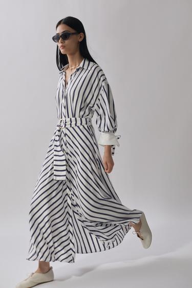 STRIPED MIDI DRESS WITH BELT - Navy / White by Zara