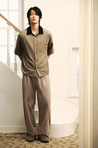 Zara 撞色領休閒版型襯衫 - 米色 - 圖片 0
