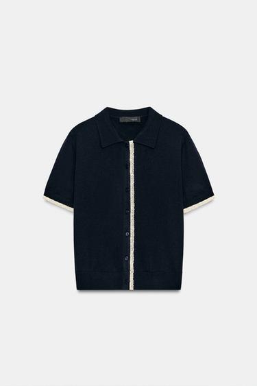 Zara SHORT SLEEVE KNIT CARDIGAN WITH LACE TRIM - Navy blue
