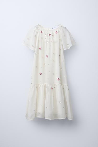 Zara BEADED FLORAL DRESS - Vanilla - Image 0