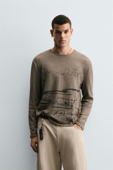RELAXED FIT JUMPER WITH PRINTS FILIPE JARDIM X ZARA - Ecru / Brown by Zara
