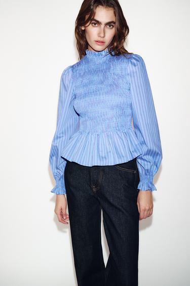 STRIPED SMOCKED SHIRT - Ecru / Red by Zara - Image 1