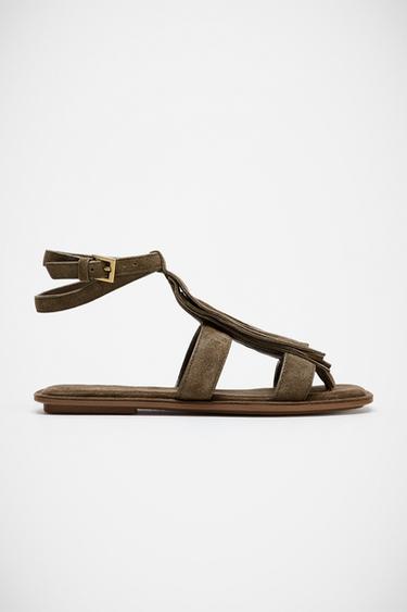 SANDALIA PLANA PIEL FLECOS - Tostado oscuro de Zara