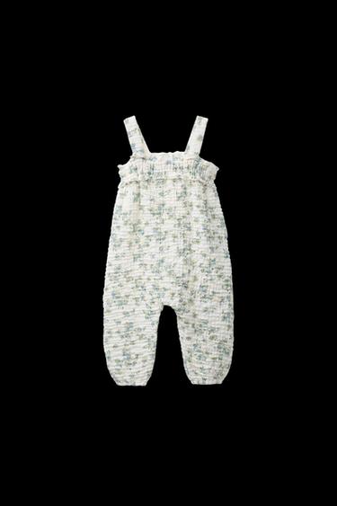Zara LONG TEXTURED FLORAL OVERALLS - Ecru / Blue - Image 0