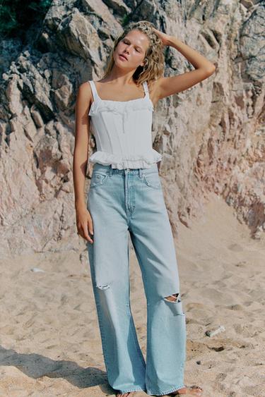 TRF EXTRA WIDE-LEG HIGH-WAIST RIPPED JEANS - Light blue by Zara