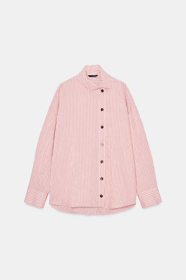 Zara STRIPED HIGH NECK SHIRT - Pink