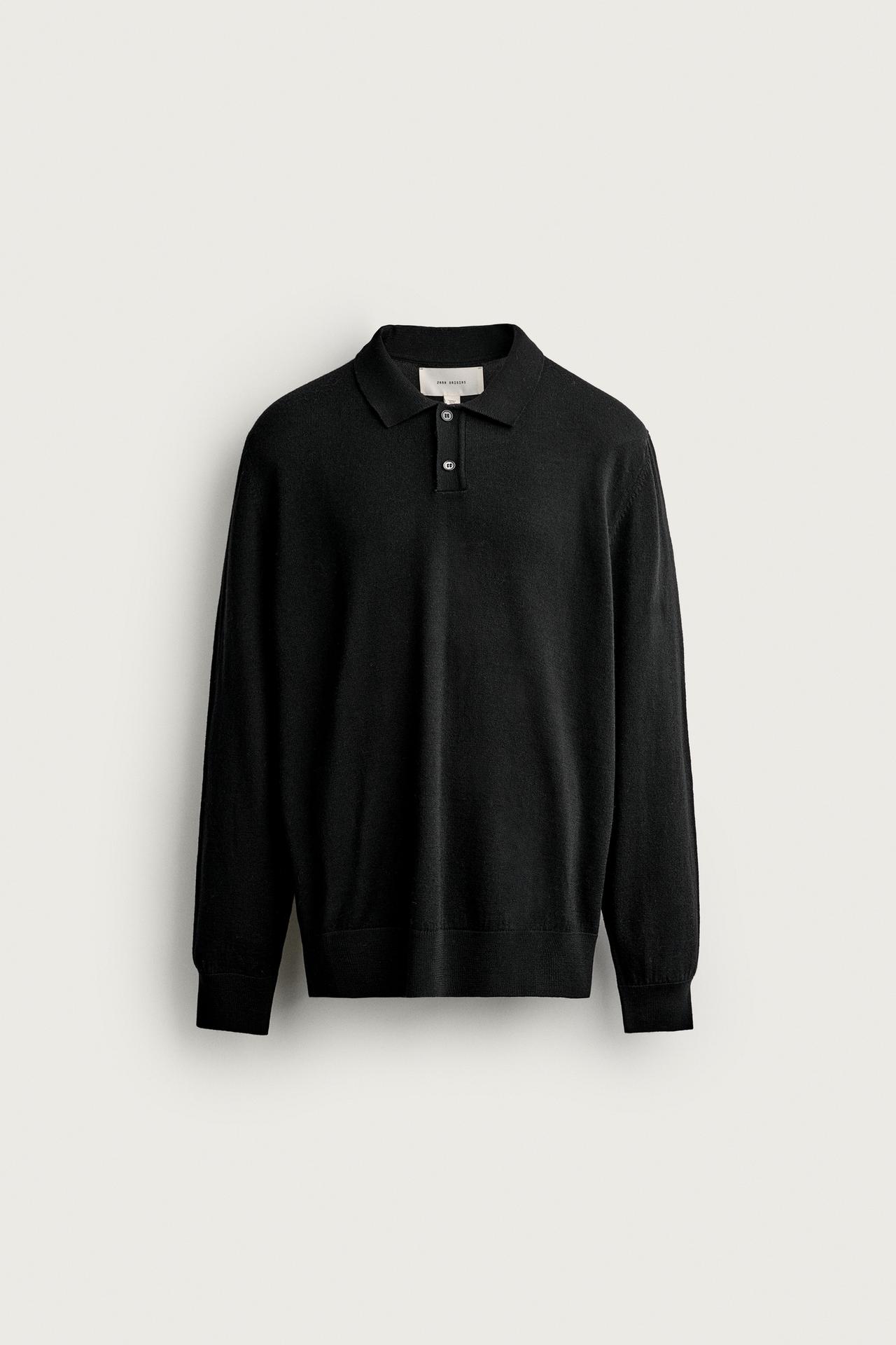 100% WOOL KNIT POLO SHIRT — Black