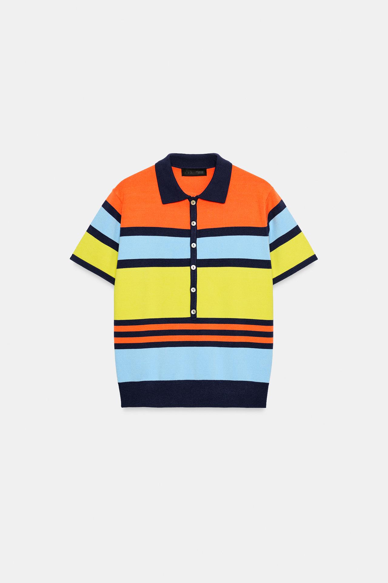 STRIPED KNIT POLO TOP — Printed