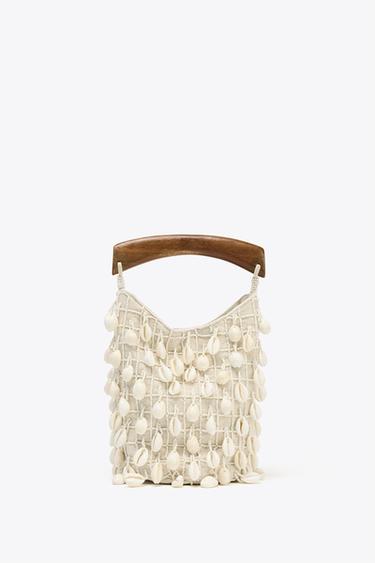 Zara BEADED FABRIC BUCKET BAG - Light beige