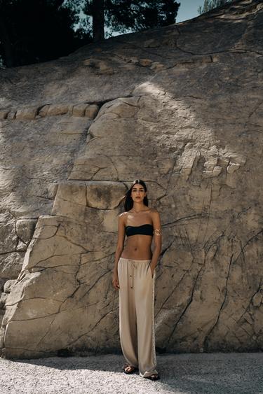 Zara WIDE LEG PANTS WITH EMBROIDERED SIDE STRIPES - Sand