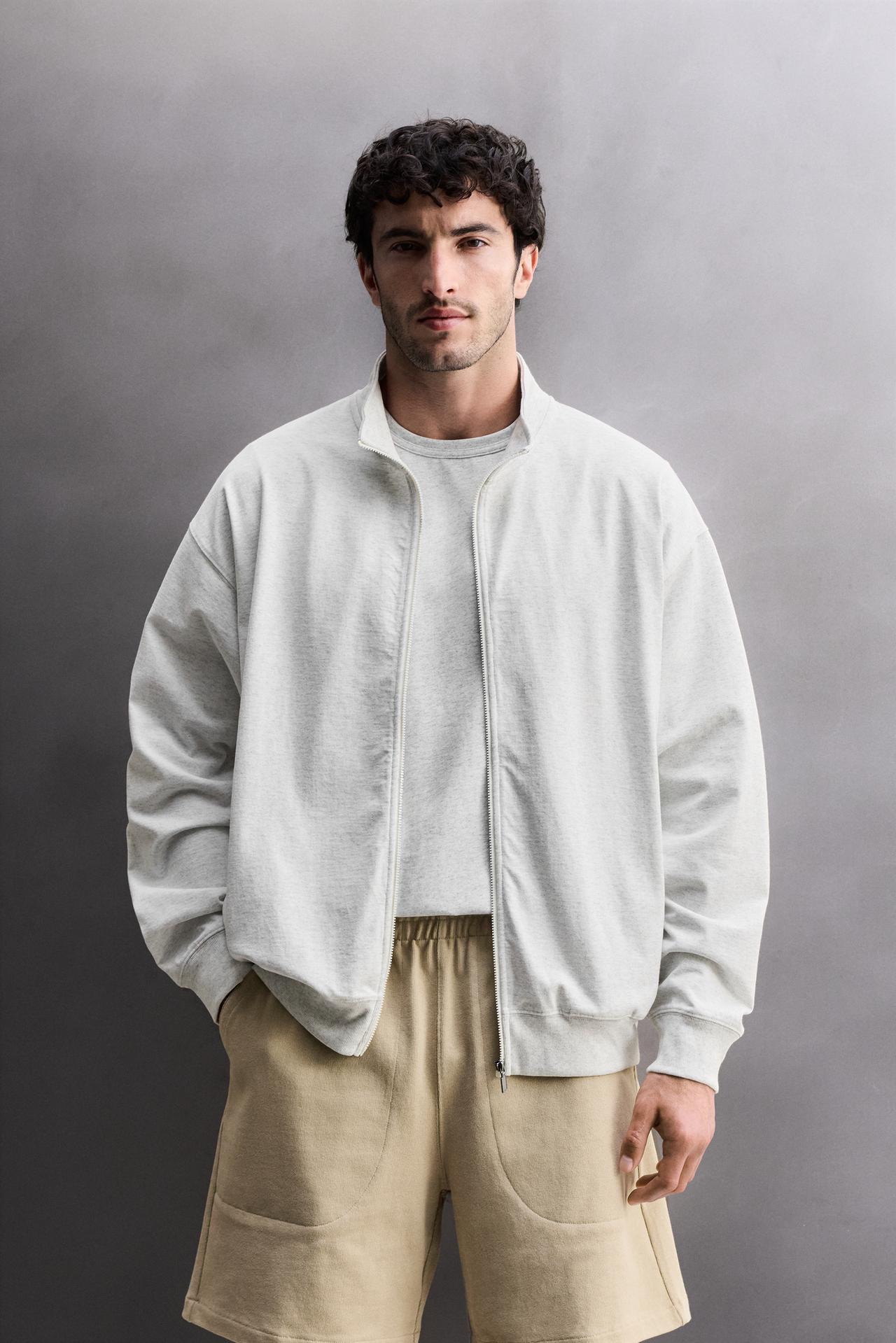 RELAXED FIT ZIP-UP SWEATSHIRT — Gray marl