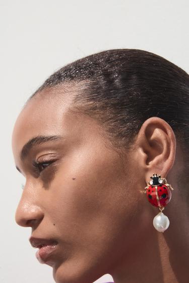 LADYBIRD FAUX PEARL EARRINGS - Red by Zara