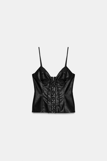 TOP À BRETELLES MATIÈRE SYNTHÉTIQUE AVEC NŒUD - Noir de Zara - Image 2