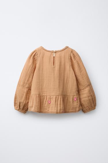 EMBROIDERED FLORAL TEXTURED BLOUSE - Caramel by Zara - Image 1