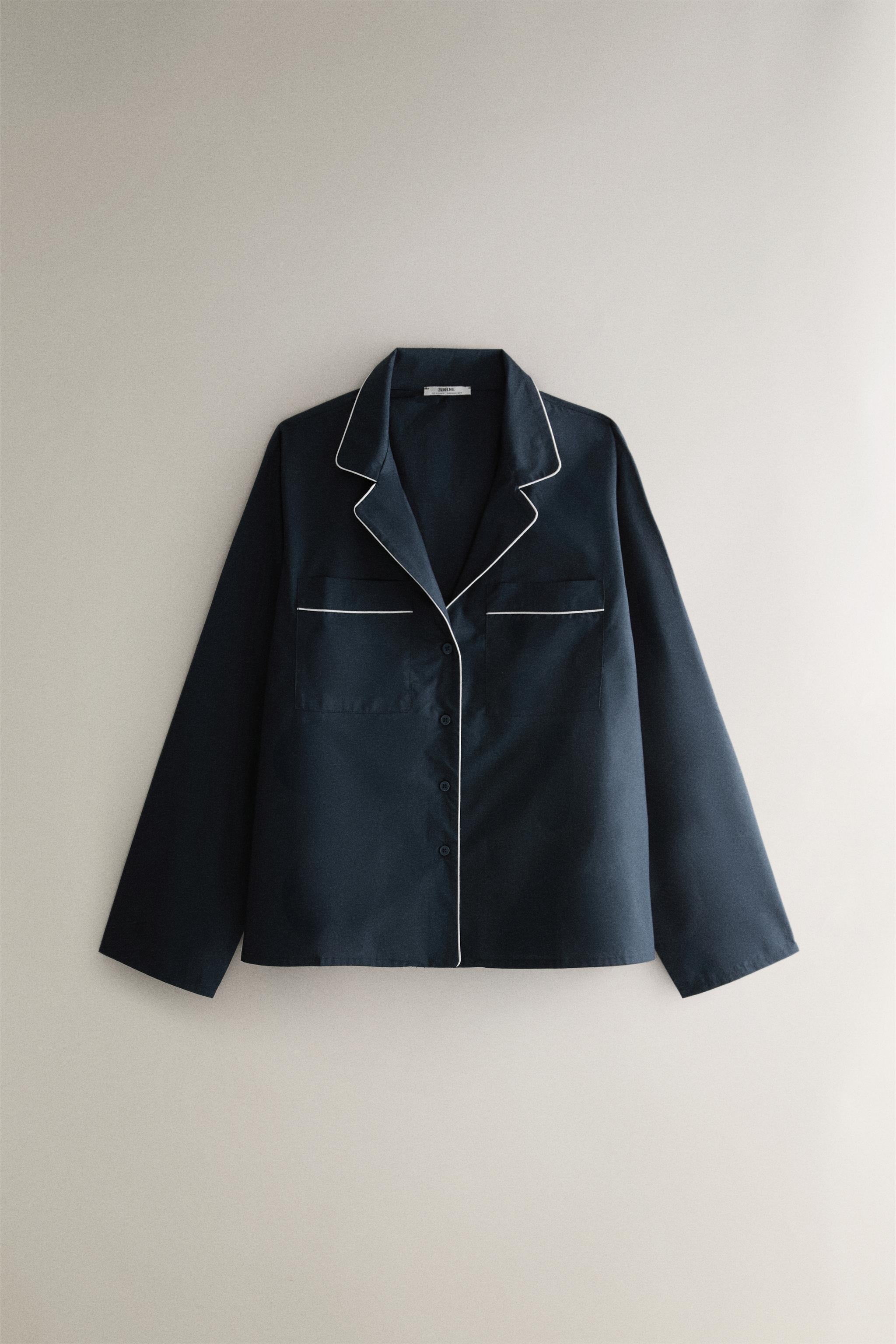 PIPING COTTON SHIRT — Navy blue