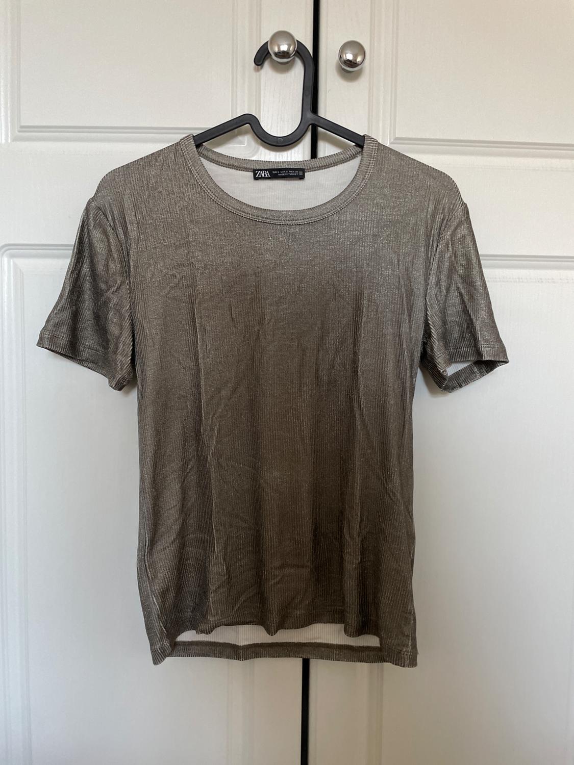 Metallic bronze, ribbed texture, short-sleeved T-shirt, hanging on a black hanger in front of a white door. ZARA label.
